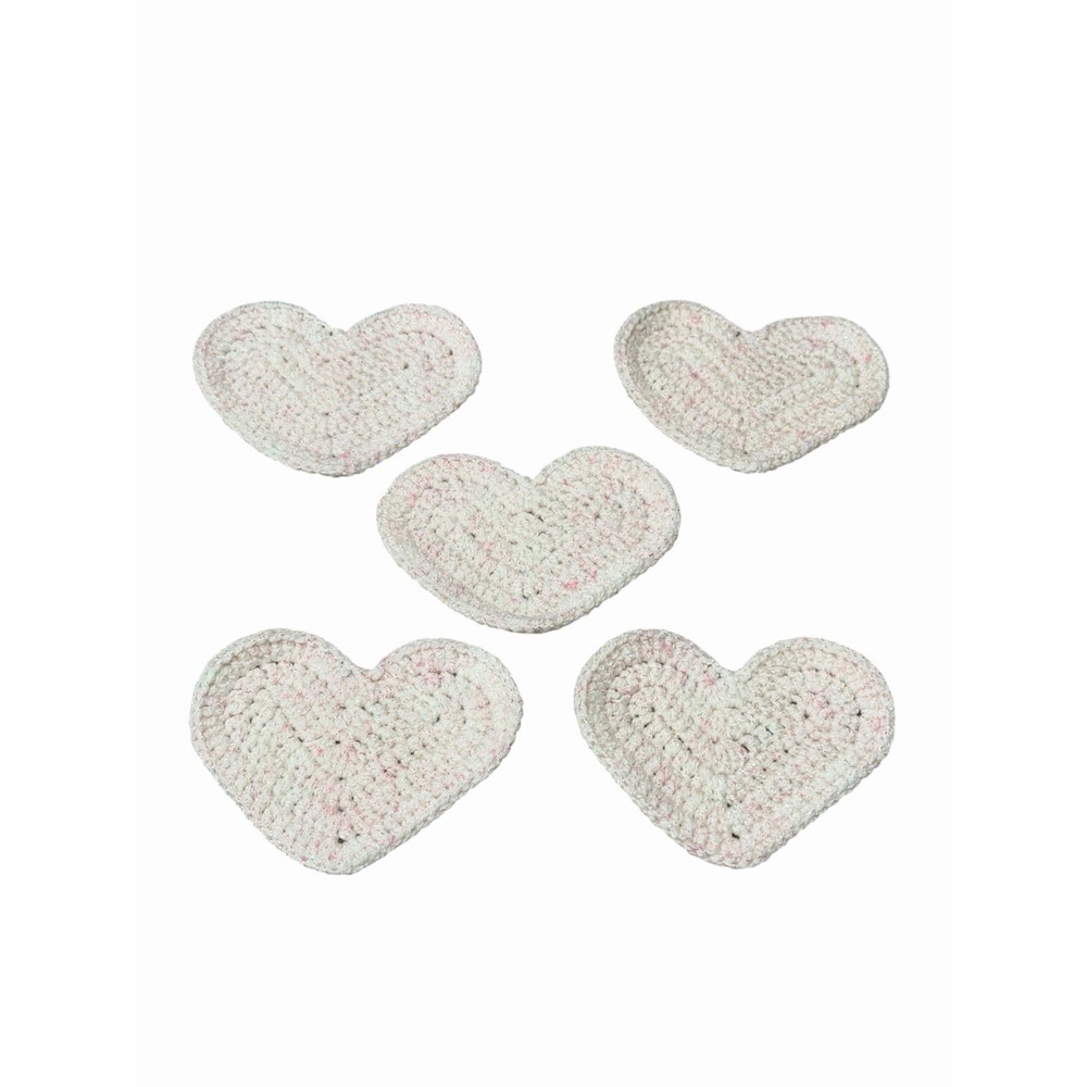 Handmade Crochet Coasters HEARTS light pink & white set of 5